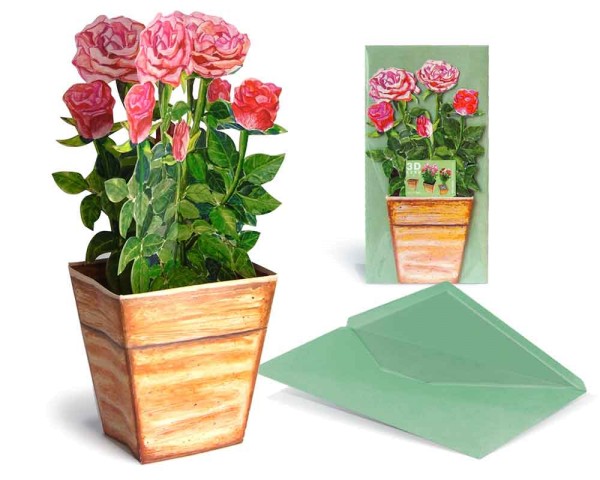 Grußkarte "Blumentopf mit Rosen" kaufen - Valentinstag oder Muttertag mit Briefumschlag
